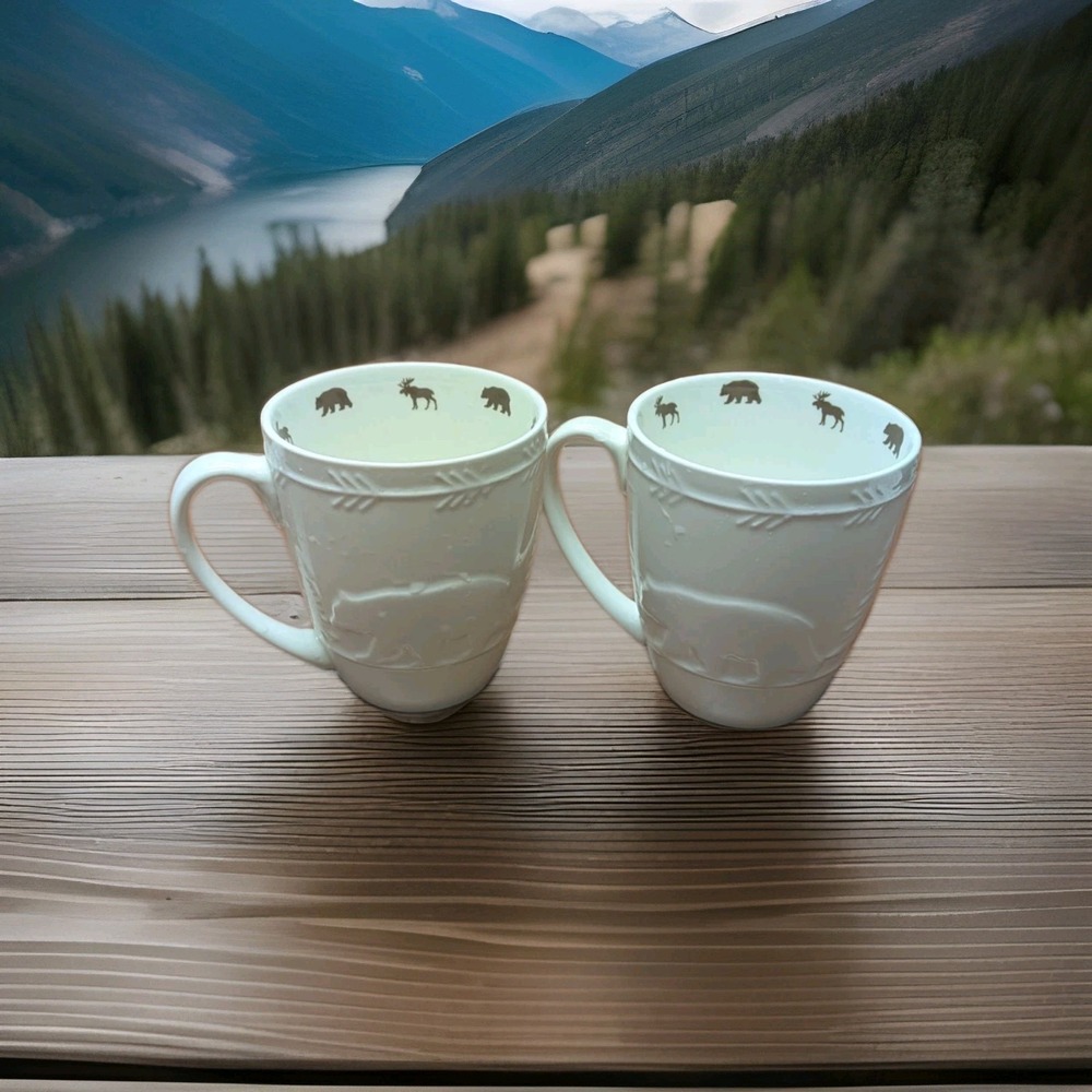 Set of 2 White River Lodge Mugs Bear Moose Cabin Rustic Bass Pro 4" Coffee Cups